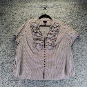 Lane Bryant Top Womens 26/28 White & Red Stripe Short Sleeve Ruched Button-Down